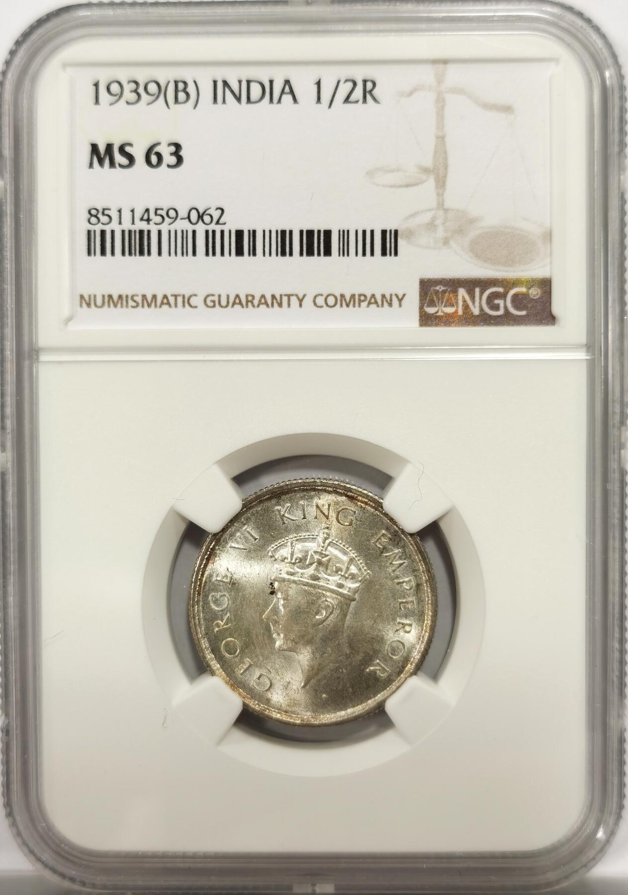 博洋堂世界钱币拍卖第142期（全场包邮） NGC MS63 英属印度1939年乔治六世半卢比银币