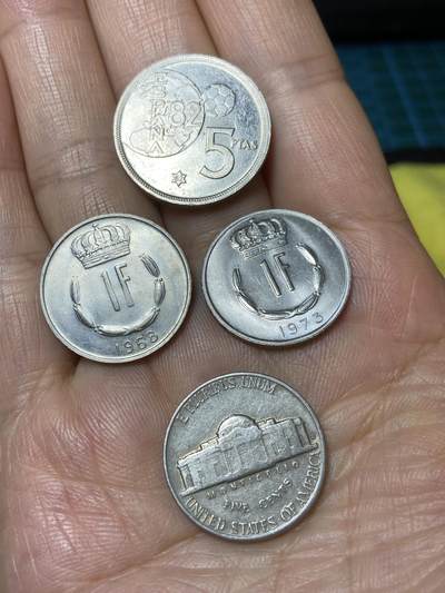 2025年第一百零一场(总第一百二十七场）外国好品散币(免佣金) - 散币4枚：西班牙🇪🇸1980年5比塞塔，卢森堡🇱🇺1968年、1973年1法郎，美国🇺🇸1963年5分