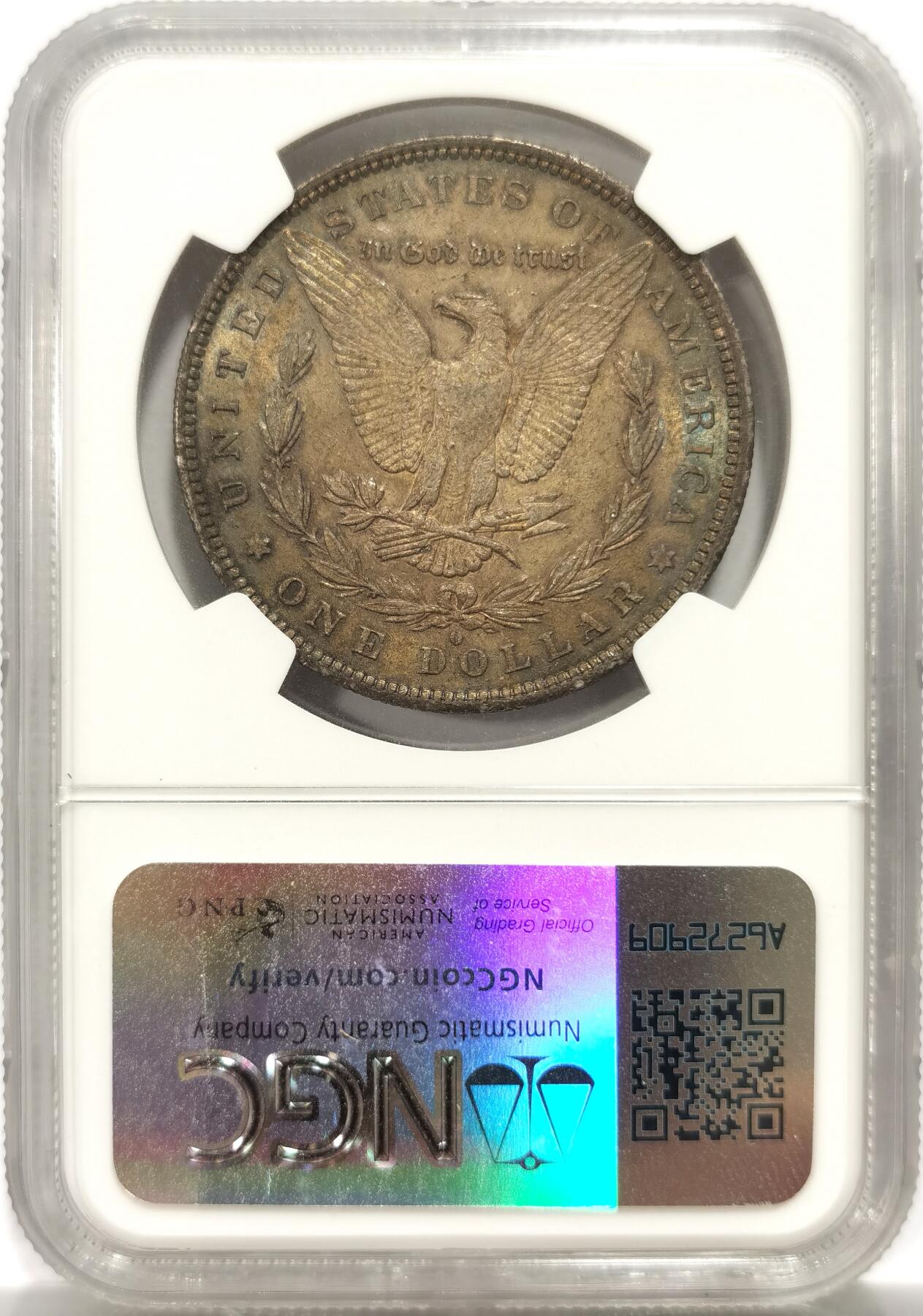 博洋堂世界钱币拍卖第142期（全场包邮） NGC MS63 美国1884年摩根银币O版，原汁原味双面彩老包浆，包浆醇厚，打制深峻，极美爆彩，状态极佳。