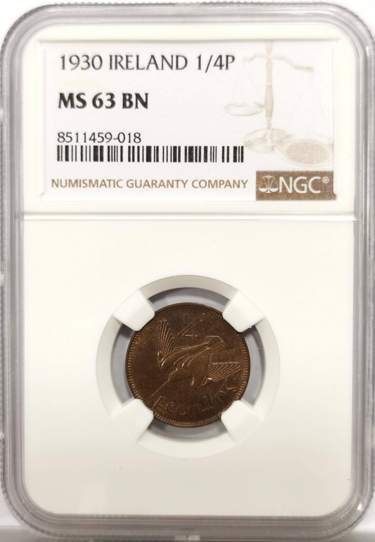 博洋堂世界钱币拍卖第142期（全场包邮） NGC MS63BN 爱尔兰1930年1/4便士