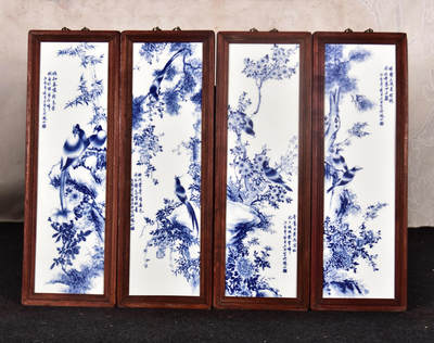 青花大王王步作品赏析！ 红木镶精品青花花鸟瓷板画挂屏一组！ 《鸟语花香》 - 青花大王王步作品赏析！ 红木镶精品青花花鸟瓷板画挂屏一组！ 《鸟语花香》