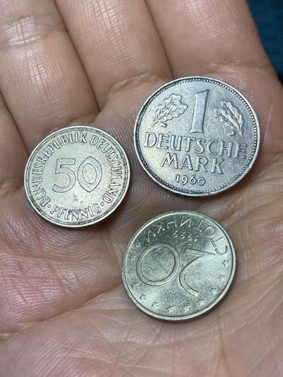 2025年第一百零一场(总第一百二十七场）外国好品散币(免佣金) - 散币3枚：德国🇩🇪1960年1德国马克(G标，卡尔斯鲁厄造，稀少年份厂标)，1950年50芬尼(齿边版首发年，J标，汉堡造)，保加利亚🇧🇬1999年20斯托丁基