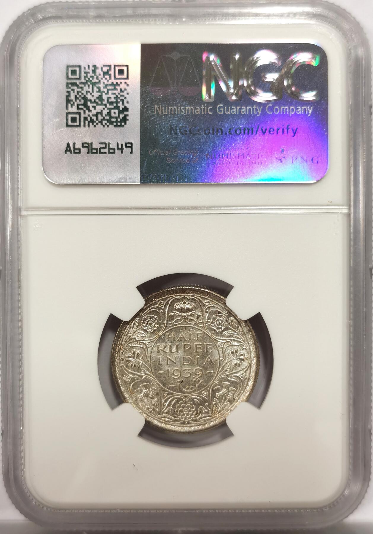 博洋堂世界钱币拍卖第142期（全场包邮） NGC MS63 英属印度1939年乔治六世半卢比银币