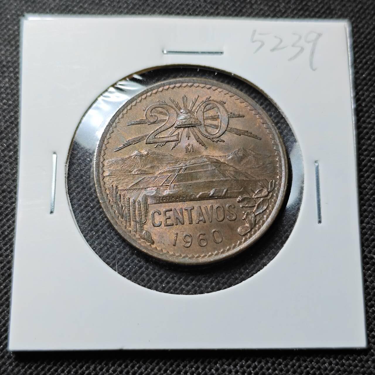 KK钱币收藏小铺 第352场 2月预留时间 周末发货  1960墨西哥20分铜币 带光