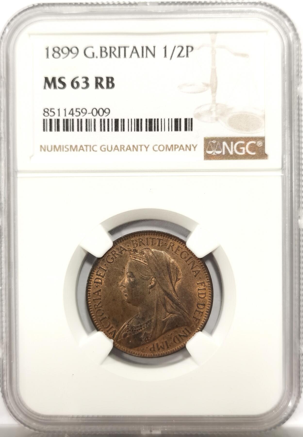 博洋堂世界钱币拍卖第142期（全场包邮） NGC MS63RB 英国1899年维多利亚半便士铜币