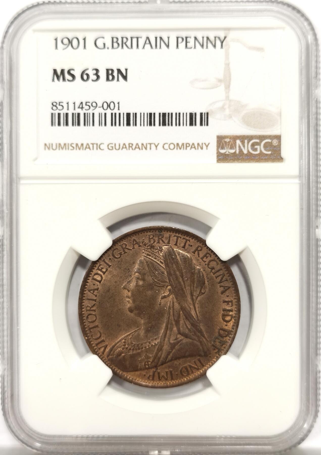 博洋堂世界钱币拍卖第142期（全场包邮） NGC MS63BN 英国1901年维多利亚批纱版1便士铜币