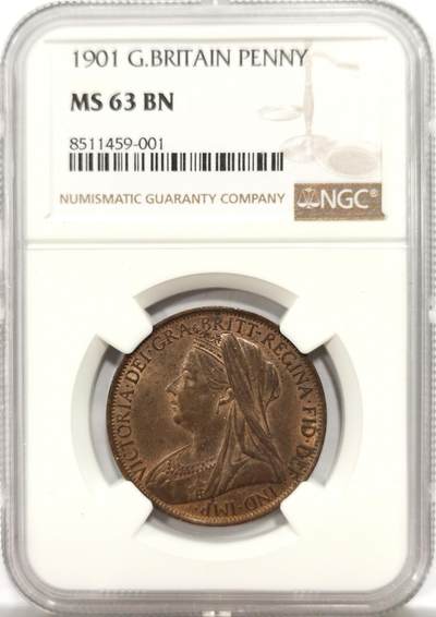 博洋堂世界钱币拍卖第142期（全场包邮） - NGC MS63BN 英国1901年维多利亚批纱版1便士铜币