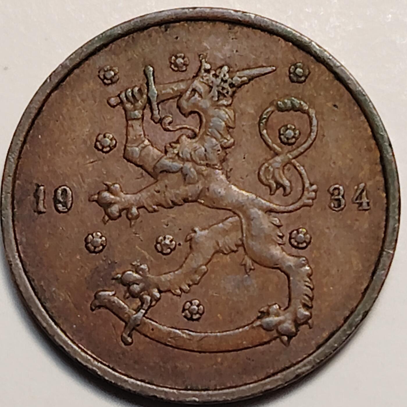 布加迪🐬～世界钱币(上海)🌾第 247 期 /  各国套币和散币 芬兰🇫🇮 1934年 10芬尼 铜币