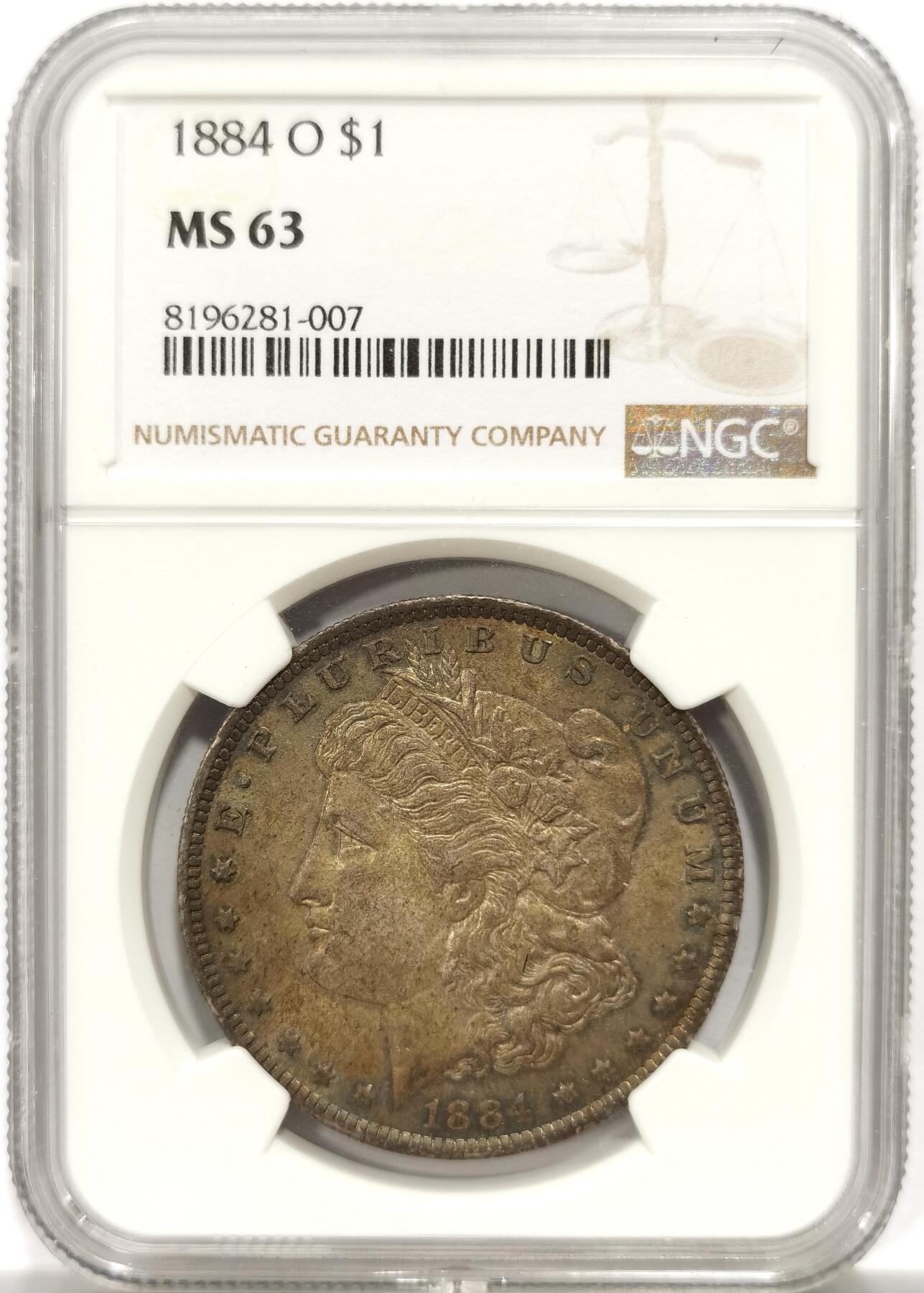 博洋堂世界钱币拍卖第142期（全场包邮） NGC MS63 美国1884年摩根银币O版，原汁原味双面彩老包浆，包浆醇厚，打制深峻，极美爆彩，状态极佳。