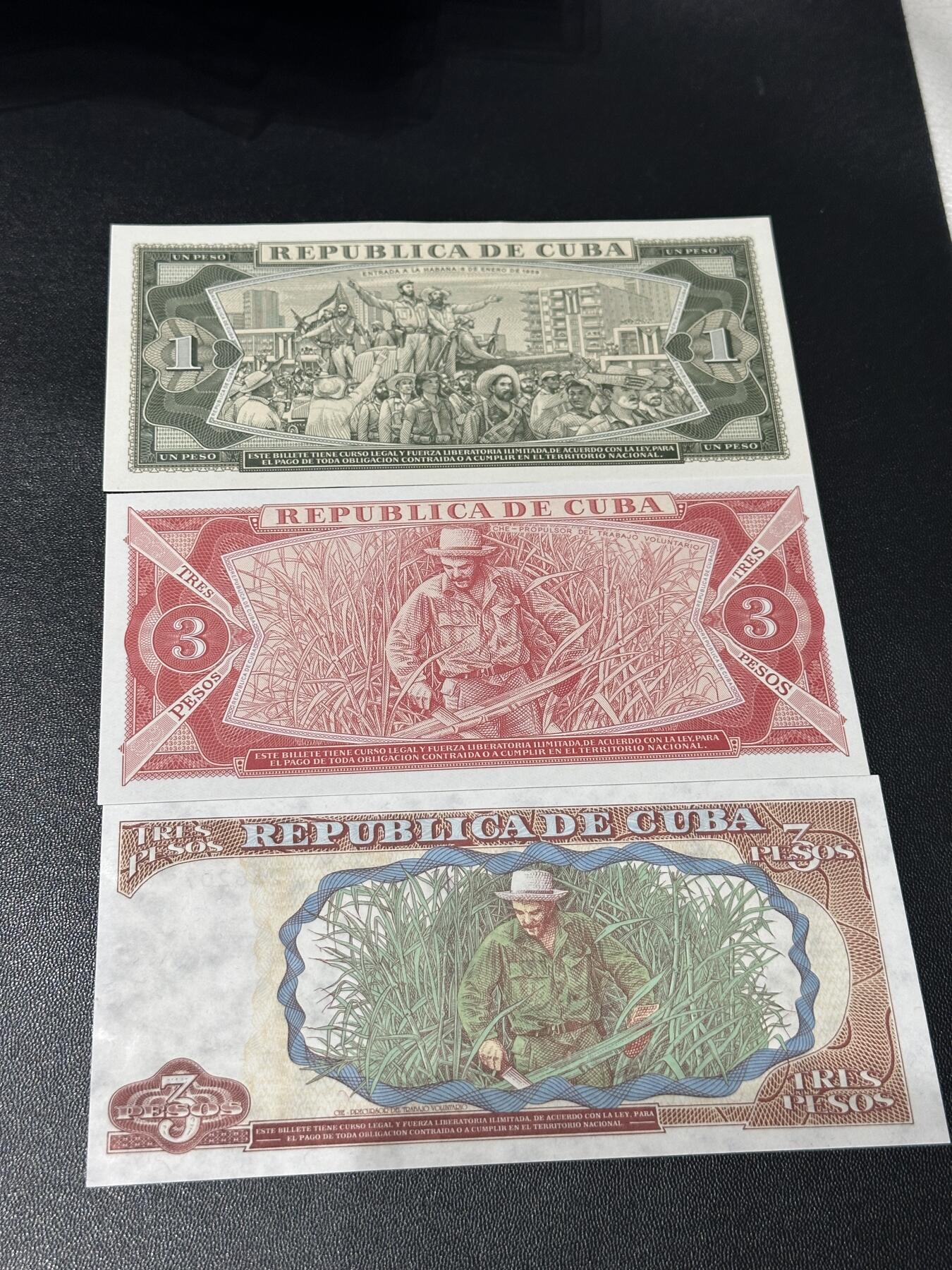 《外钞收藏家》第五百七十二期（畅拍场）（本平台长期征集拍品、欢迎藏友们联系合作） 1981年古巴1比索、88年古巴3比索、1995年3比索 3张一起 全新UNC