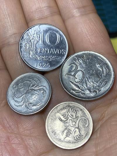 2025年第一百零一场(总第一百二十七场）外国好品散币(免佣金) - 散币4枚：南非🇿🇦1987年20分，巴西🇧🇷1975年10分，马耳他🇲🇹1986年5分，澳大利亚🇦🇺1969年5分