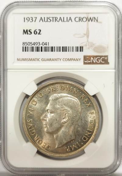博洋堂世界钱币拍卖第142期（全场包邮） - NGC MS62 澳大利亚1937年乔治六世大皇冠1克朗银币，直径38.2mm，重28.2g，92.5%银。原汁原味黄油彩老包浆，包浆醇厚，转光强烈细节优秀，状态极佳。