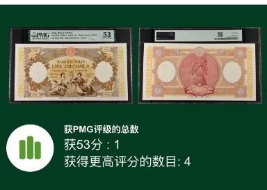 【Blue Auction】世界纸币精拍第734期——18级TOP拍卖/信誉/品质/专业/高效💫 【仅4张更高分】意大利 1951年10000里拉 超大票幅 双水印 设计精美 PMG53 状态佳