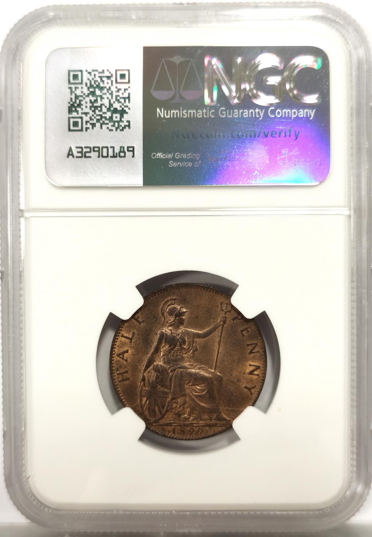 博洋堂世界钱币拍卖第142期（全场包邮） NGC MS63RB 英国1899年维多利亚半便士铜币