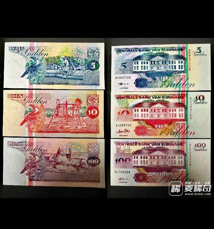 全新苏里南A冠1996、1998年5、10、100盾（gul）靓品纸币3枚一组