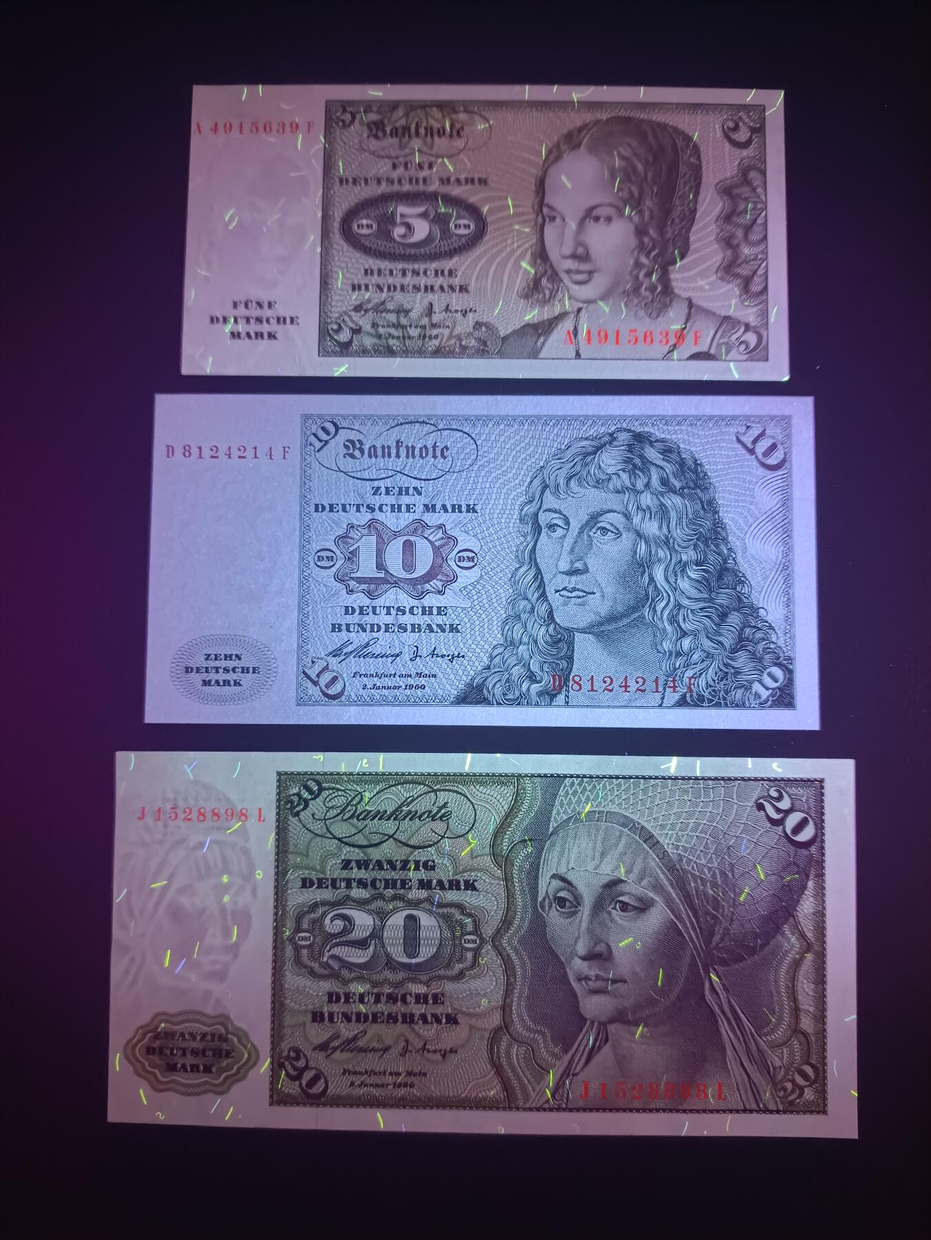 2025十月第一期（总195期），加量第一场~ 德国1960年5+10+20马克AUNC—UNC-，丢勒的画作，少见此版本首年份