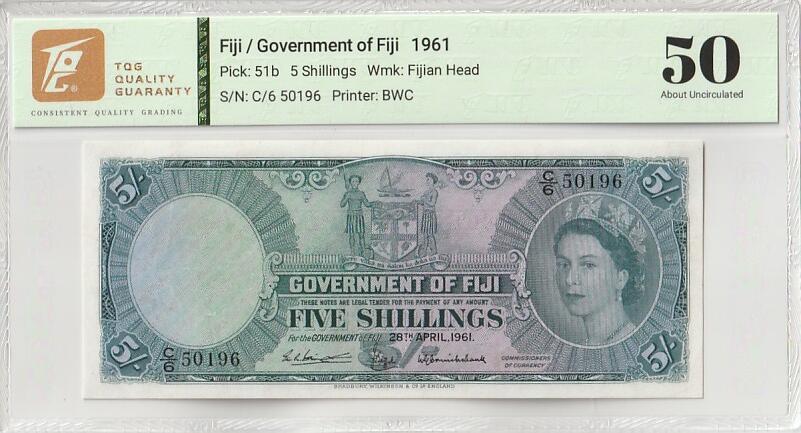 2025十月第一期（总195期），加量第一场~ 英属斐济1961年5先令TQG50分无47，大皇冠女王