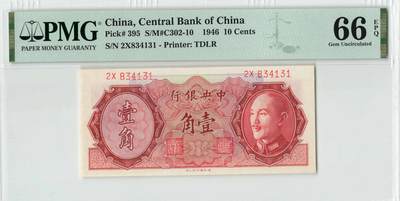 小福收藏拍卖第194期 评级币精选场 本期有69分倒置号布隆迪世界最大纸币 印尼10000卢比 法国5000法郎胜利女神 匈牙利25000Korona样钞冠军分 老挝样钞 墨西哥 俄罗斯 特立尼达和多巴哥 东加勒比等多国精美高分珍稀老钞精品纸币 - 中央银行 民国三十五年 1946年 1角 壹角 数3 无47 PMG66 EPQ 季军分