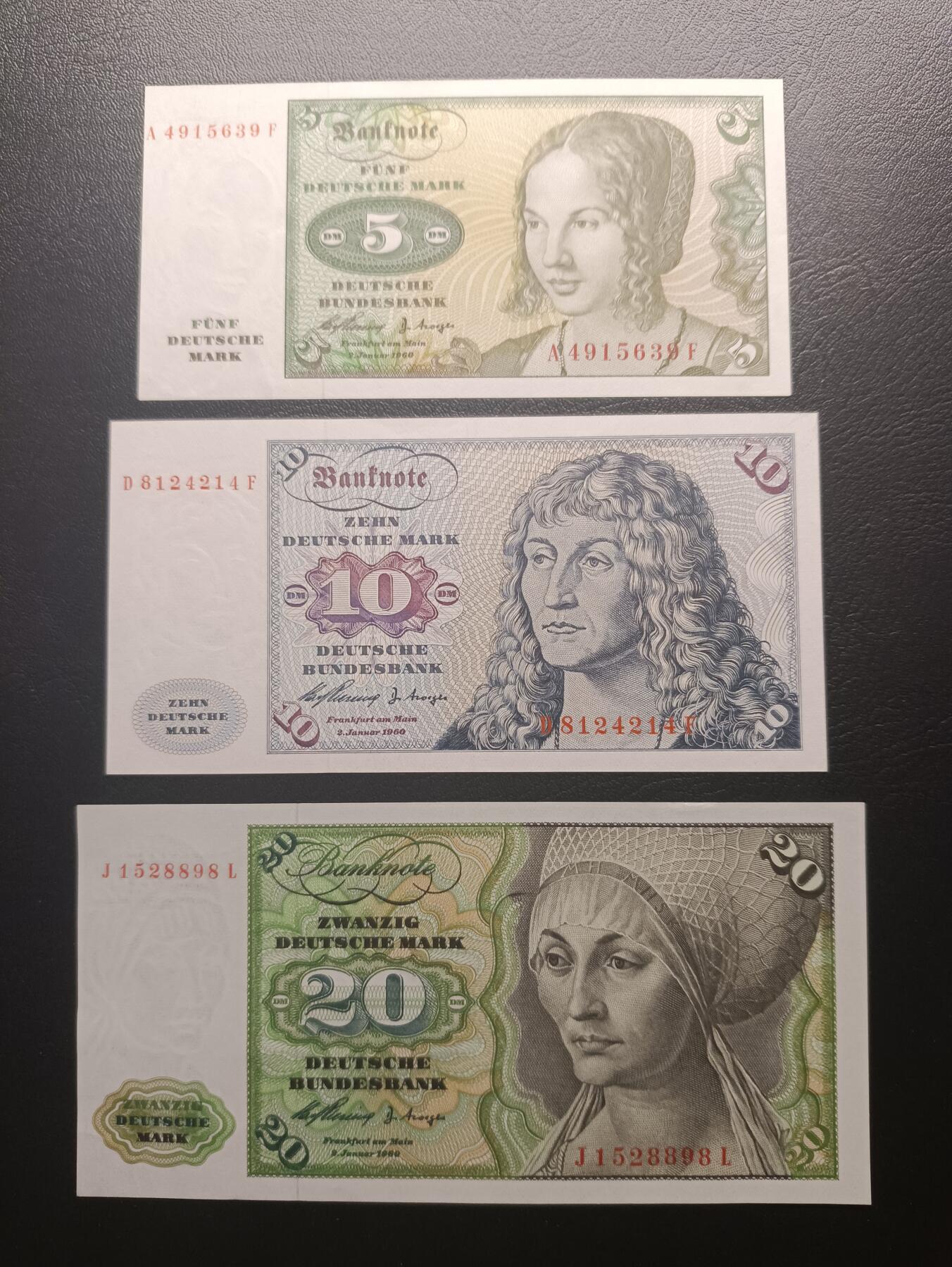 2025十月第一期（总195期），加量第一场~ 德国1960年5+10+20马克AUNC—UNC-，丢勒的画作，少见此版本首年份