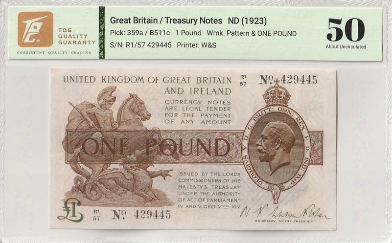 2025十月第一期（总195期），加量第一场~ 英格兰1923版1镑TQG50分，乔治五世国王和圣乔治屠龙