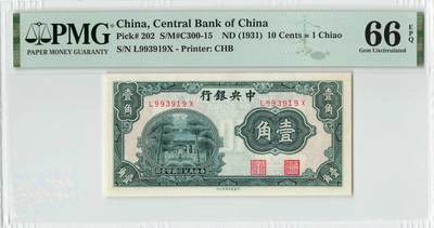 小福收藏拍卖第194期 评级币精选场 本期有69分倒置号布隆迪世界最大纸币 印尼10000卢比 法国5000法郎胜利女神 匈牙利25000Korona样钞冠军分 老挝样钞 墨西哥 俄罗斯 特立尼达和多巴哥 东加勒比等多国精美高分珍稀老钞精品纸币 - 中央银行 民国二十年 1931年 1角 壹角 数3 无47 PMG66 EPQ 季军分