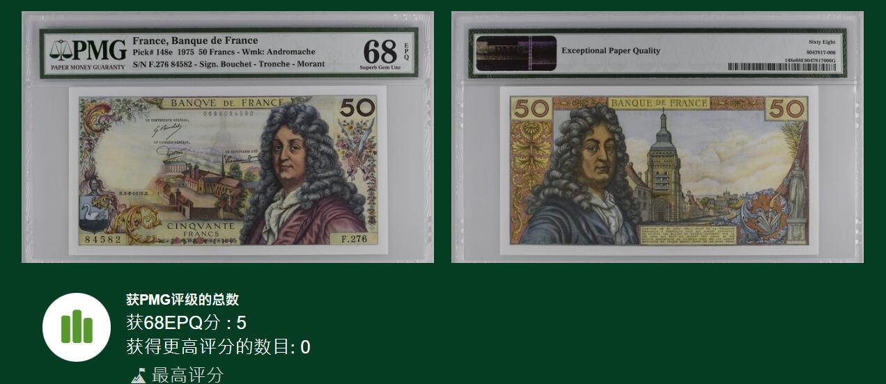《艾美收藏》第214期-10.7周二国庆外币超白金场 法国1975年50法郎PMG68E冠军分 法国剧作家拉辛 Pick#148e