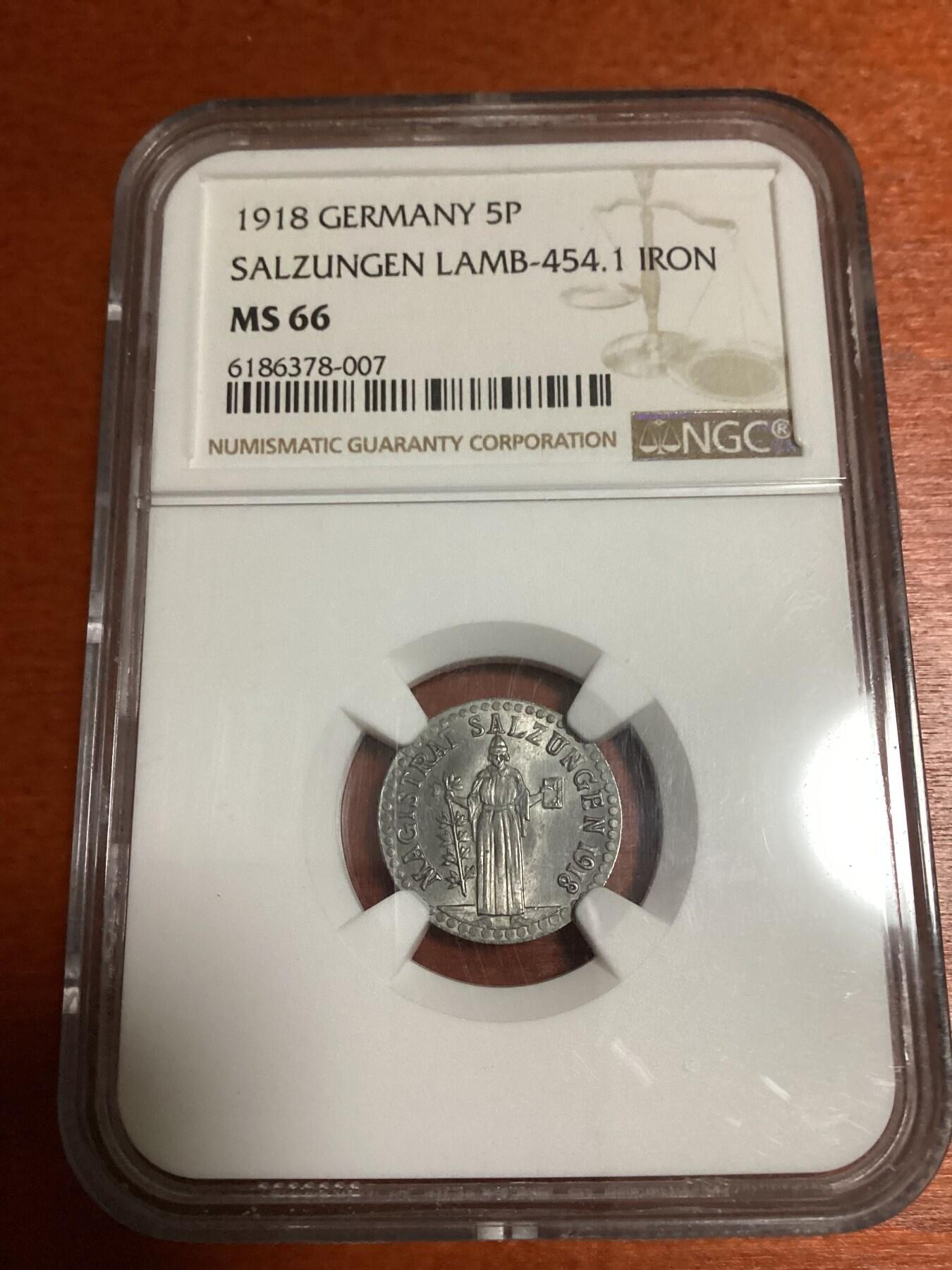 长老汇蛇年精选第五十七场拍卖 1918 德紧撒尔宗根5芬尼铁币，NGC MS66分，唯一冠军 