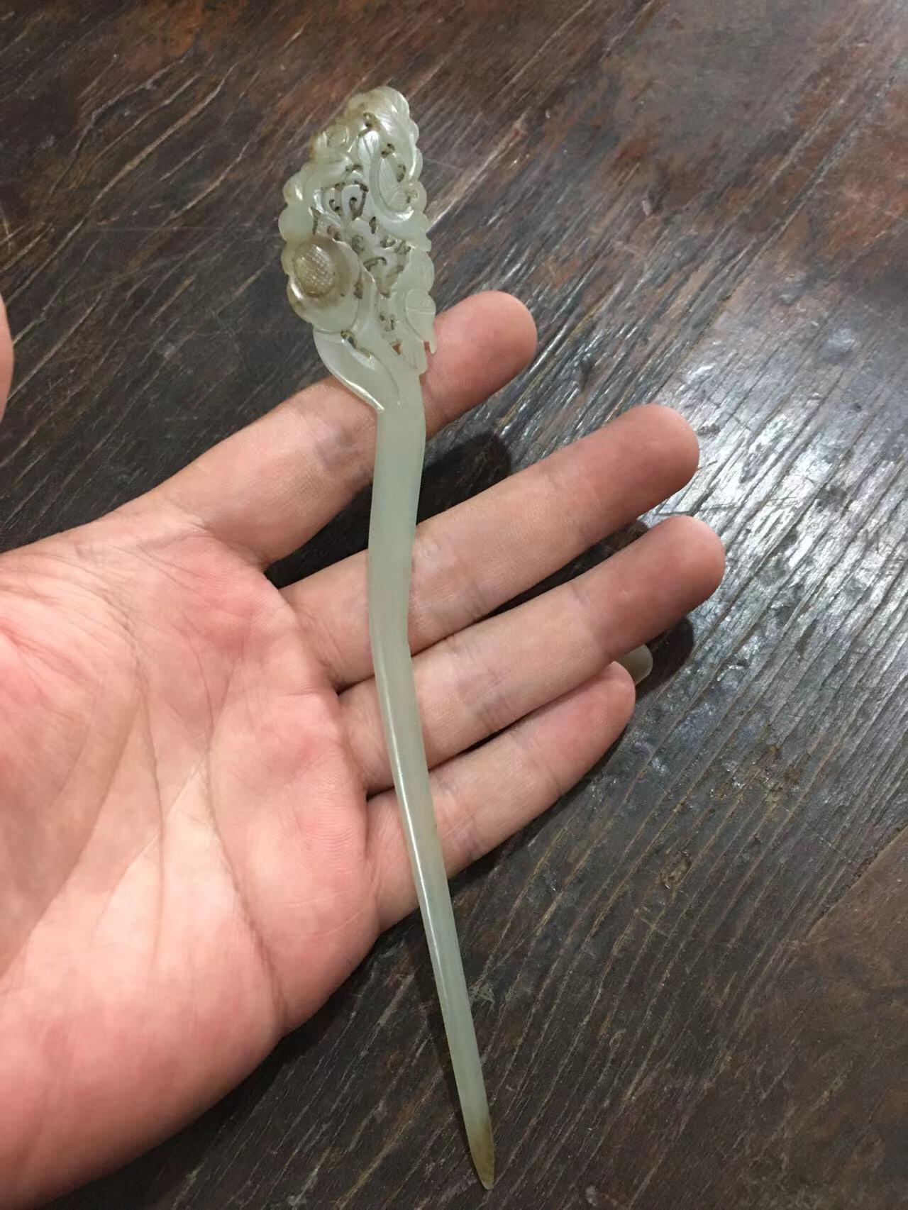 清代花鸟玉簪子，雕刻漂亮，造型好，玉质水头好，老玉器收藏佳品