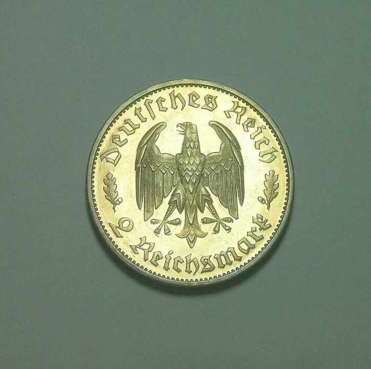 【银】德国第三帝国1934年 席勒2马克纪念银币 稀少精制PROOF版 黄金包浆