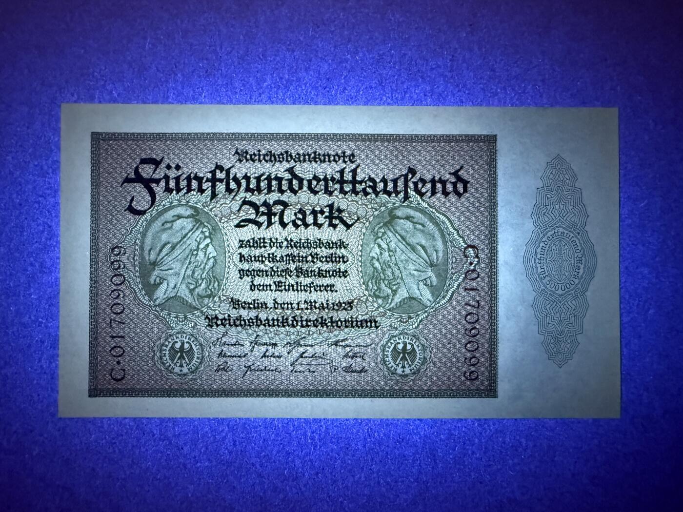 《艾美收藏》第214期-10.7周二国庆外币超白金场 德国500000马克 UNC 1923年 魏玛共和国 无4双尾