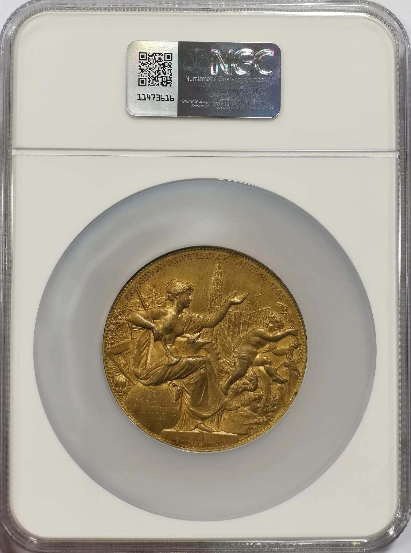 博洋堂世界钱币拍卖第142期（全场包邮） NGC MS64 全世界冠军分！1885年奥地利巴斯安特卫普国际世博会铜镀金巨大章，58mm厚重，超高浮雕，背面女神唯美恬静，温婉大气！大尺寸高分极其难得！