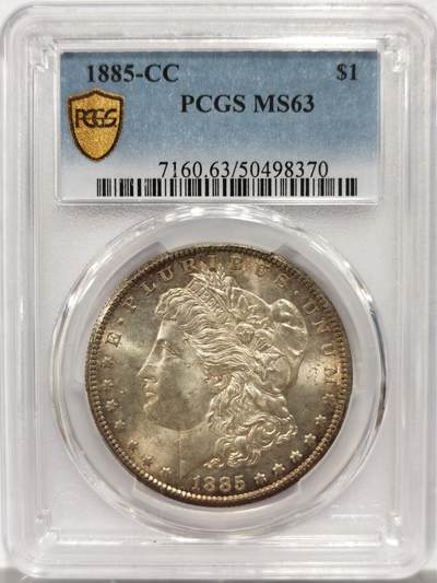 PCGS MS63 1885-CC 摩根 发行量仅为 228,000 枚 是卡森城铸币厂所有摩根银元中发行量最低的  PCGS评级量仅为其他常见年份的一半以下 获得如此高分的更是稀少 在麦稀奇首次出现的稀有年份版别