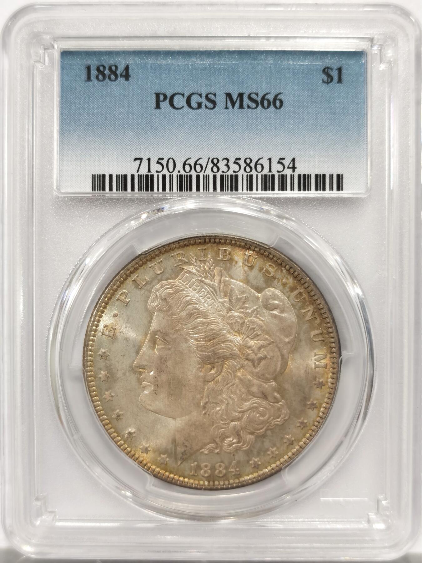 博洋堂世界钱币拍卖第142期（全场包邮） PCGS MS66 美国1884摩根 高分老包浆 背面下方卡槽有一小磕