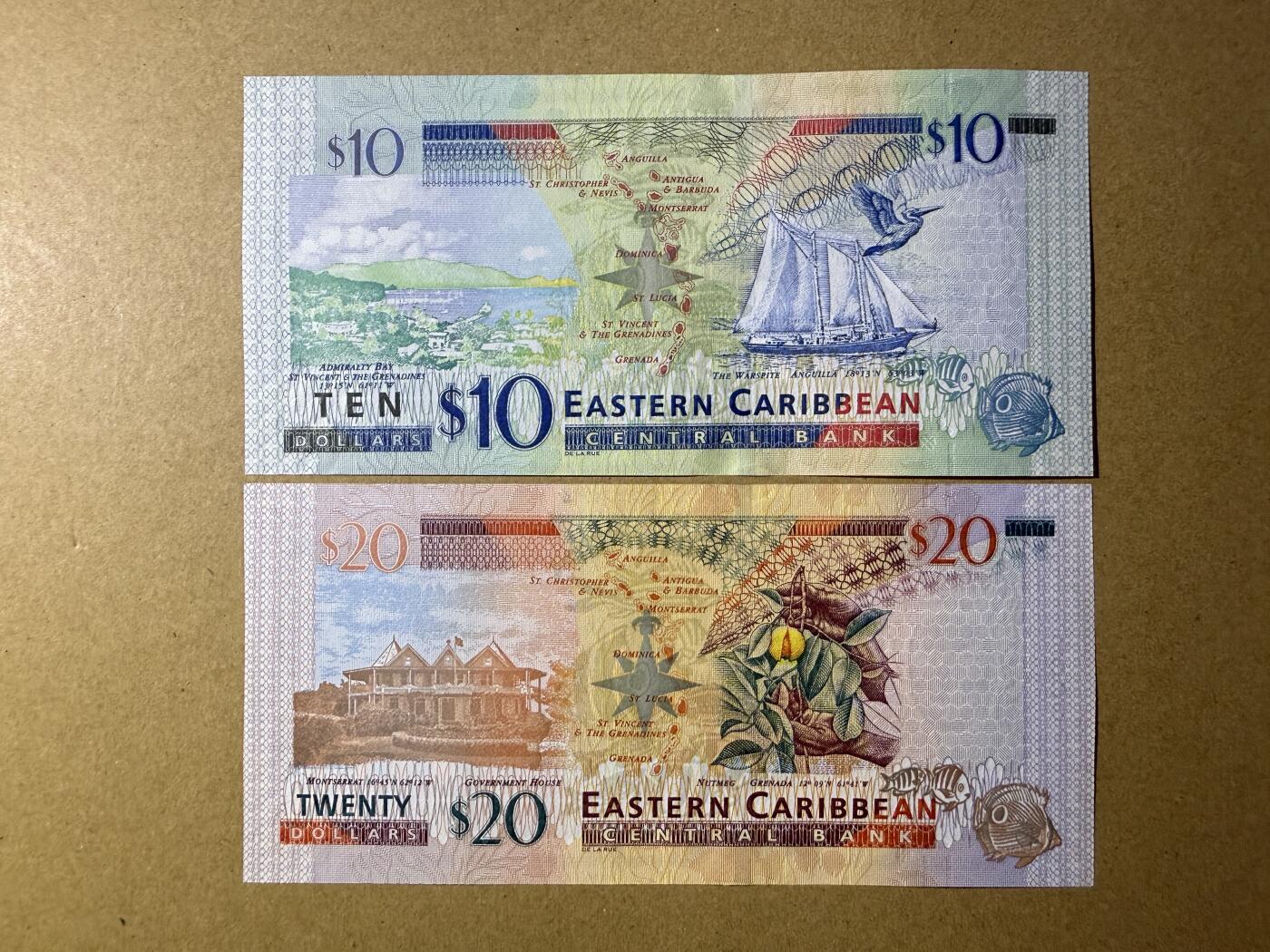 《艾美收藏》第214期-10.7周二国庆外币超白金场 东加勒比10、20元2张 UNC 2015年女王钞