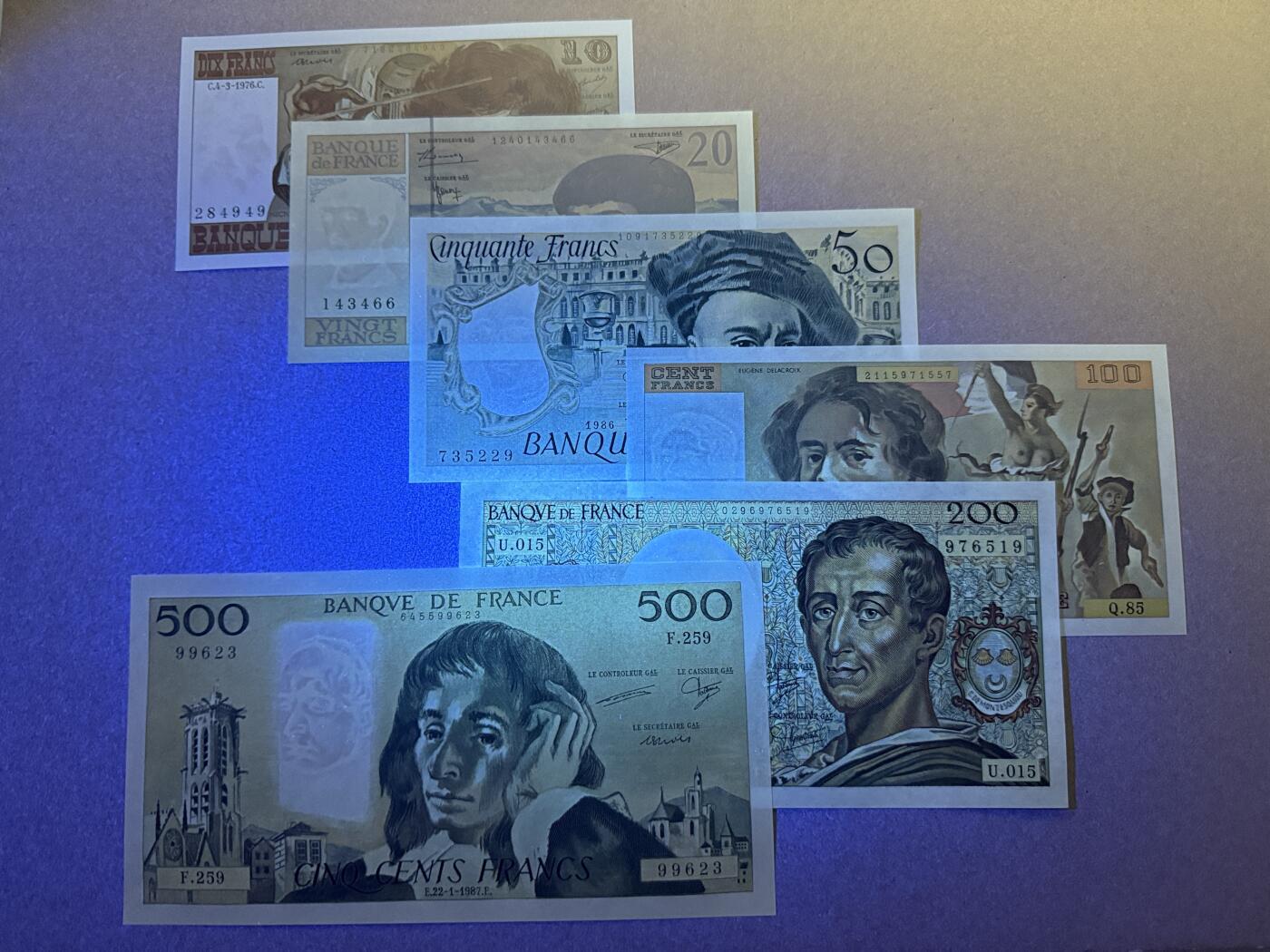 《艾美收藏》第214期-10.7周二国庆外币超白金场 法国10、20、50、100、200、500法郎6张 UNC 倒二版一套