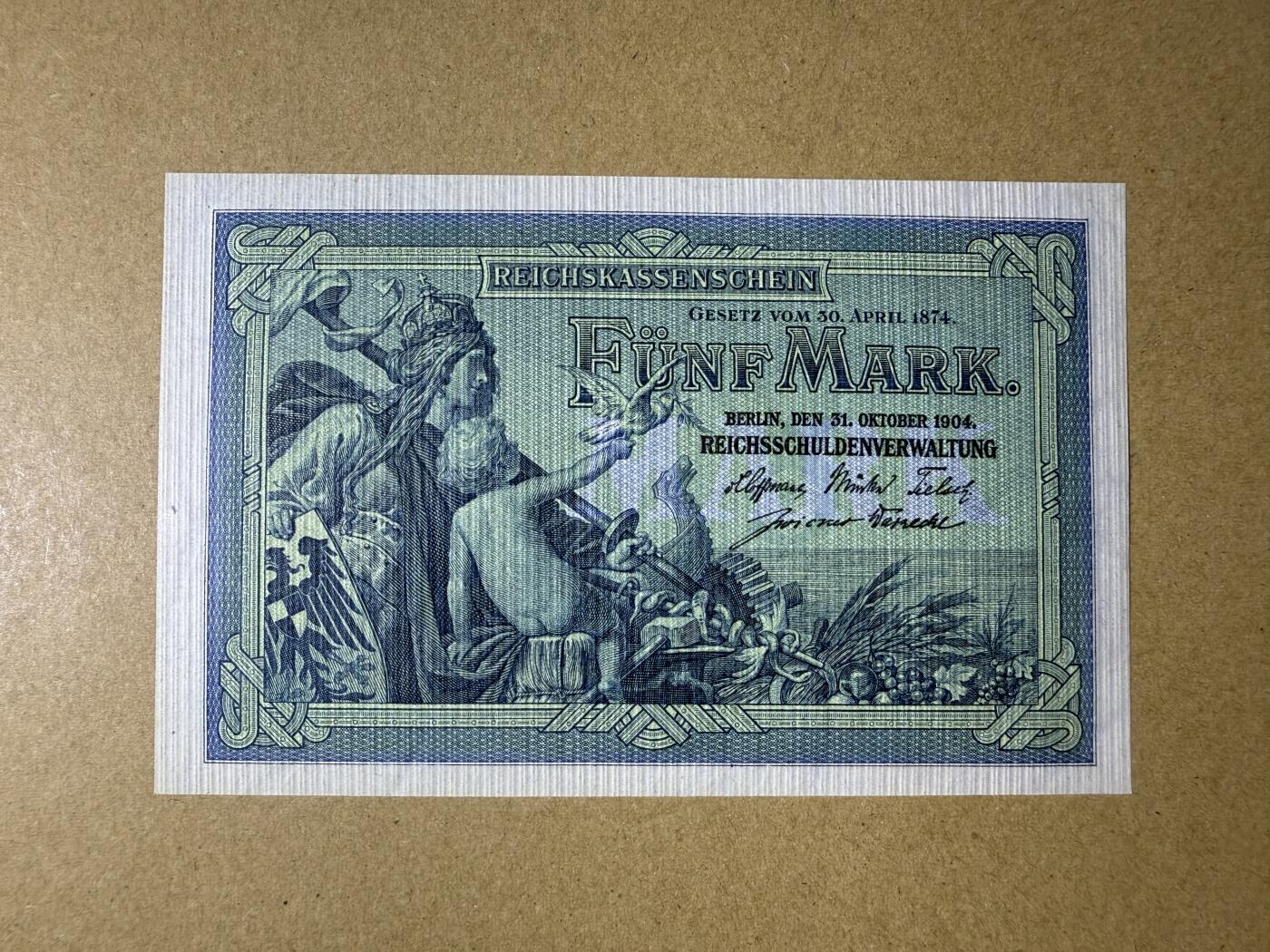 《艾美收藏》第214期-10.7周二国庆外币超白金场 德国5马克 UNC 1904年老版本 德国帝国银行 无47双尾