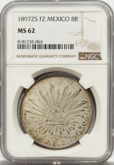 博洋堂世界钱币拍卖第142期（全场包邮） - NGC MS62 墨西哥1897年ZS FZ版花边鹰洋，关门年份，原味窖藏包浆，滴水未下