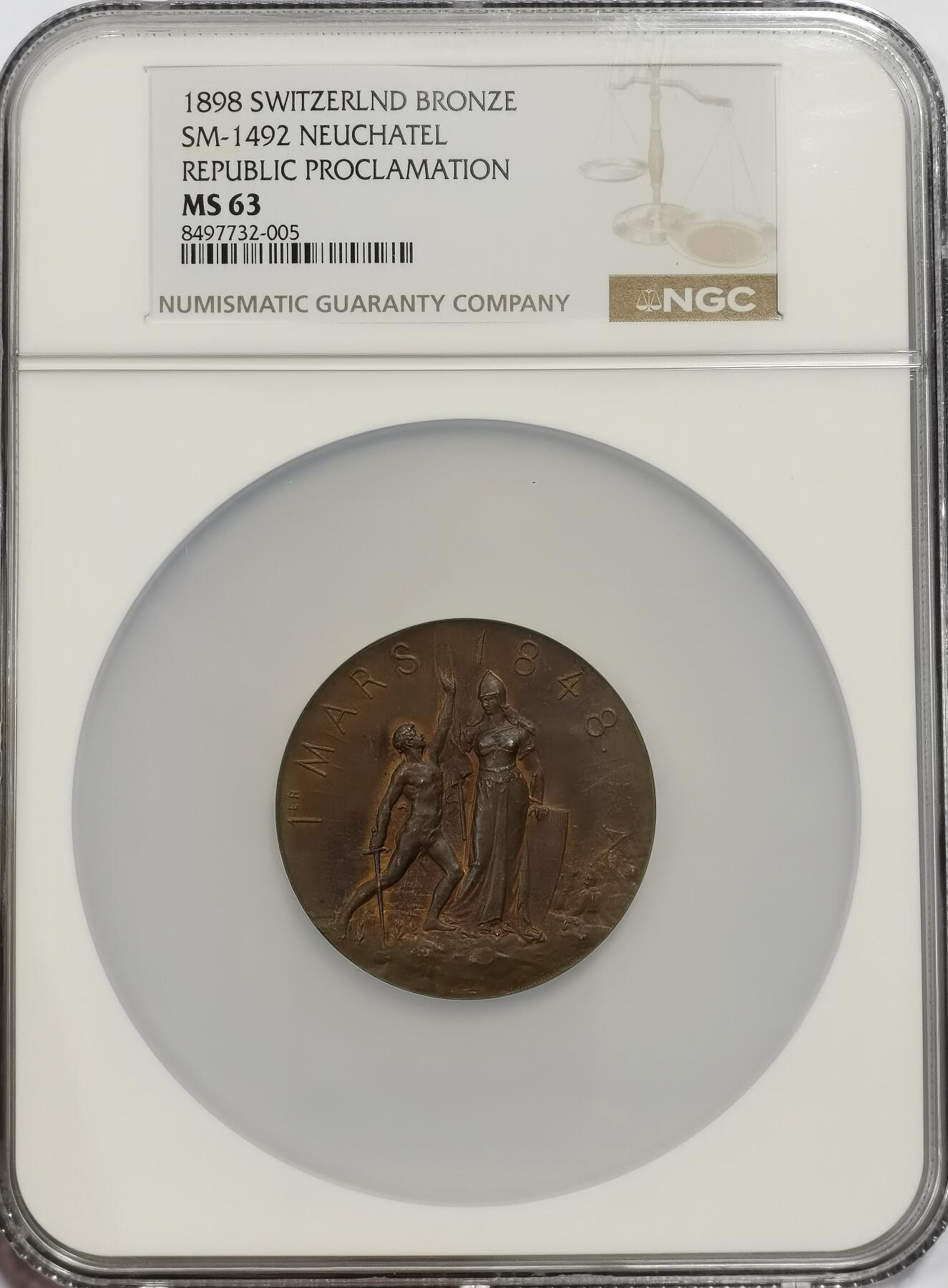 博洋堂世界钱币拍卖第142期（全场包邮） NGC MS63 瑞士1898年独立纪念巨大铜章，亚军分，更高只有一枚！原光RD，超高浮雕，工业革命经典代表作！