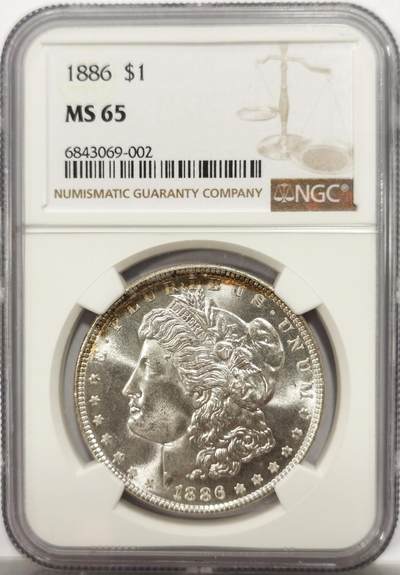 博洋堂世界钱币拍卖第142期（全场包邮） - NGC MS65 美国1886摩根 正面月牙形五彩包浆