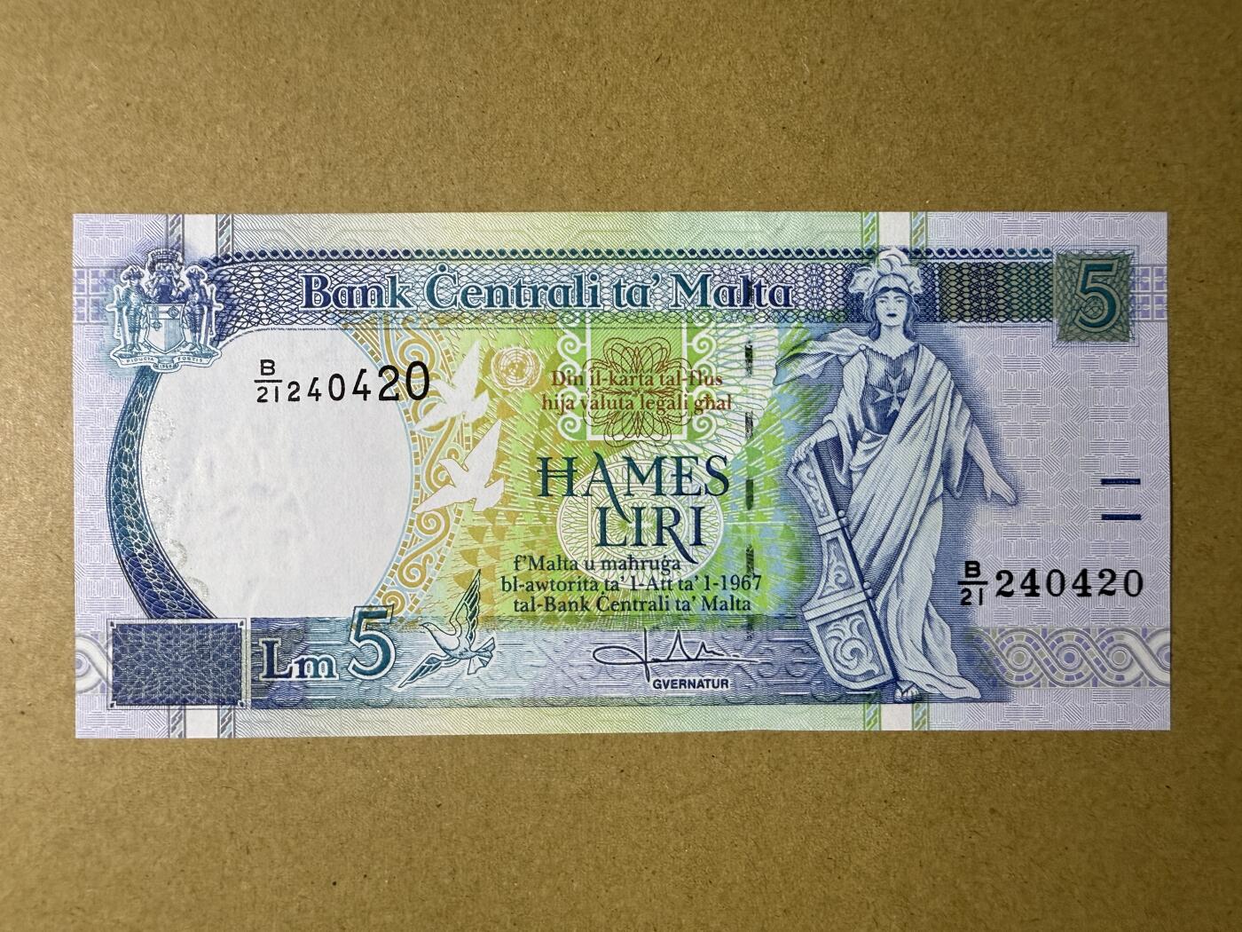 《艾美收藏》第214期-10.7周二国庆外币超白金场 马耳他5里拉 UNC 1994年