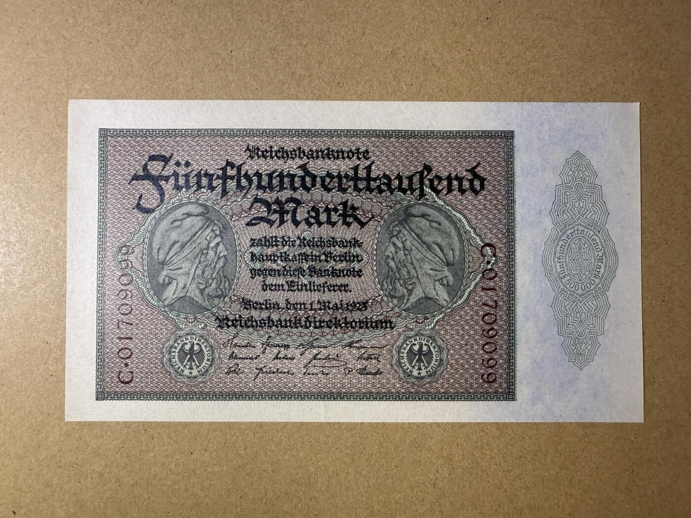《艾美收藏》第214期-10.7周二国庆外币超白金场 德国500000马克 UNC 1923年 魏玛共和国 无4双尾
