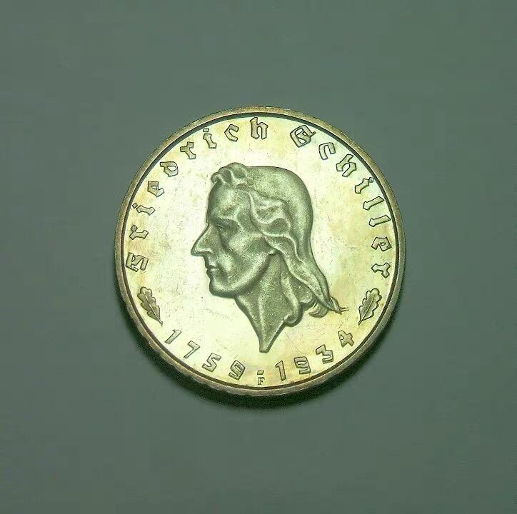 【银】德国第三帝国1934年 席勒2马克纪念银币 稀少精制PROOF版 黄金包浆