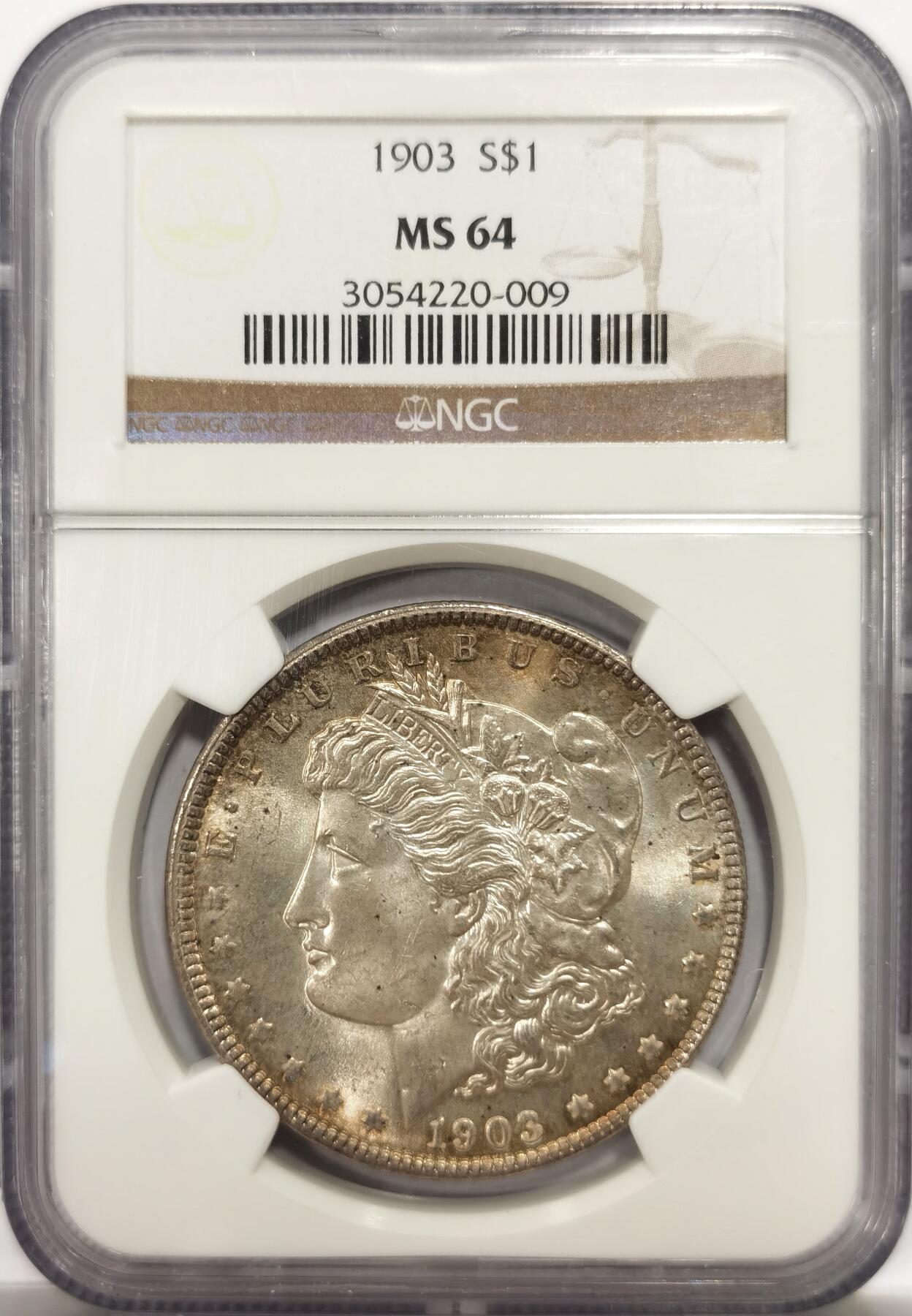 博洋堂世界钱币拍卖第142期（全场包邮） NGC MS64 美国1903摩根 正反面皆有环状老包浆