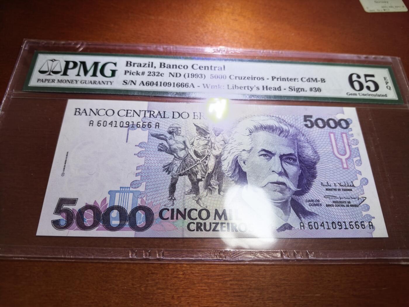 长老汇蛇年精选第五十七场拍卖 1993巴西5000克鲁赛罗纸钞，PMG 65，豹子号
