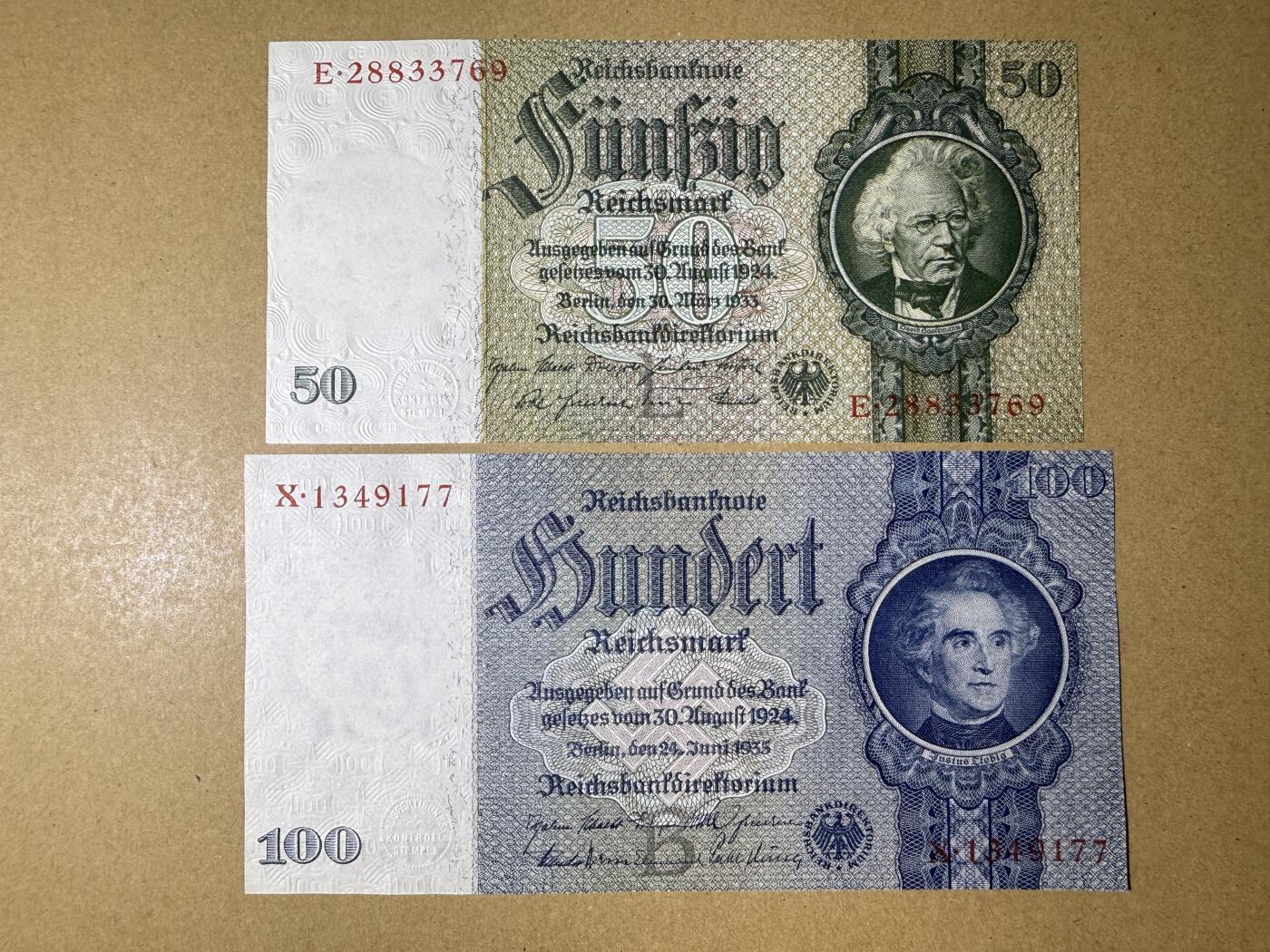 《艾美收藏》第214期-10.7周二国庆外币超白金场 德国50、100马克2张 UNC 1933年老版本