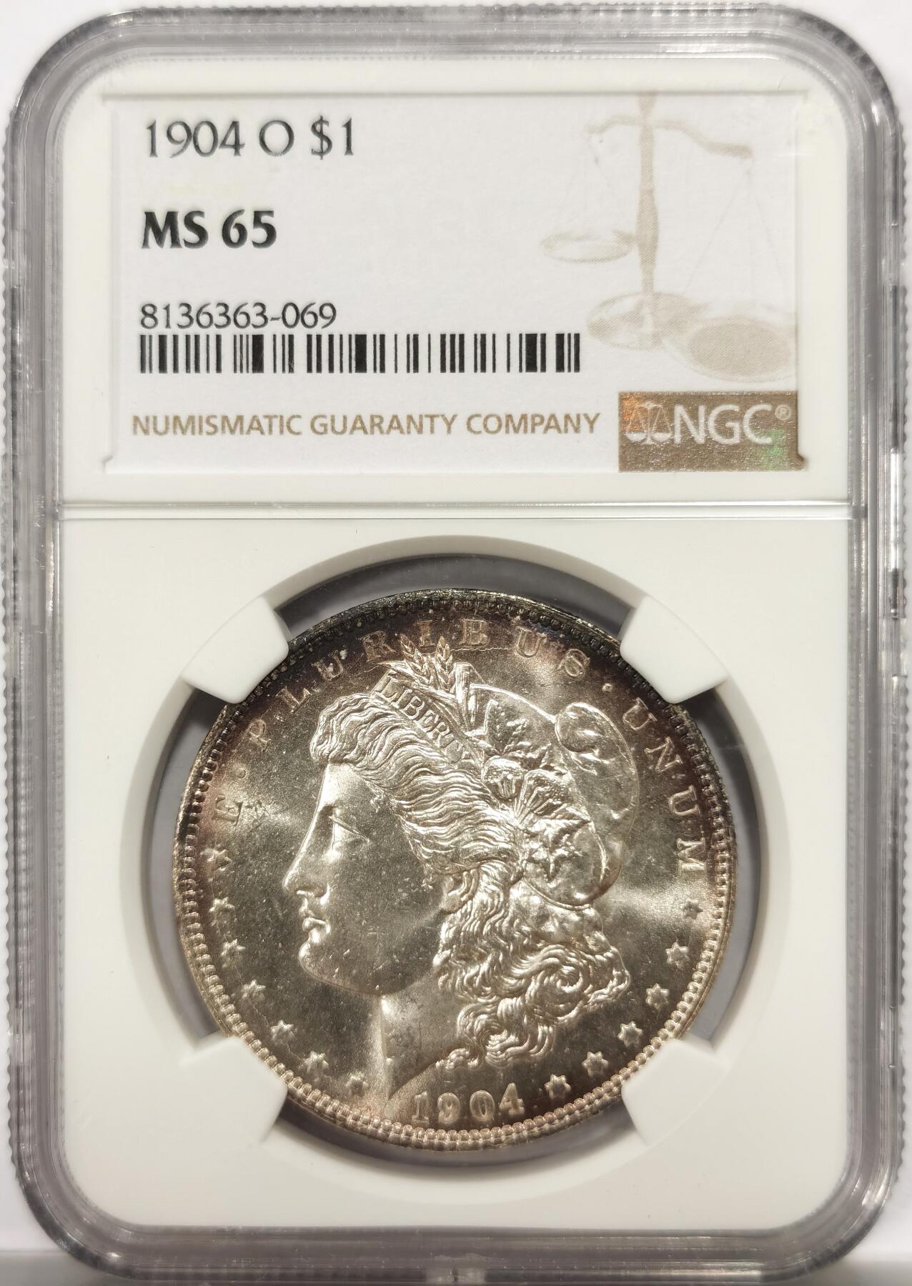博洋堂世界钱币拍卖第142期（全场包邮） NGC MS65 美国1904摩根 正反面皆有环状蓝粉色五彩包浆