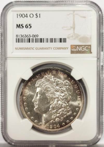 博洋堂世界钱币拍卖第142期（全场包邮） - NGC MS65 美国1904摩根 正反面皆有环状蓝粉色五彩包浆