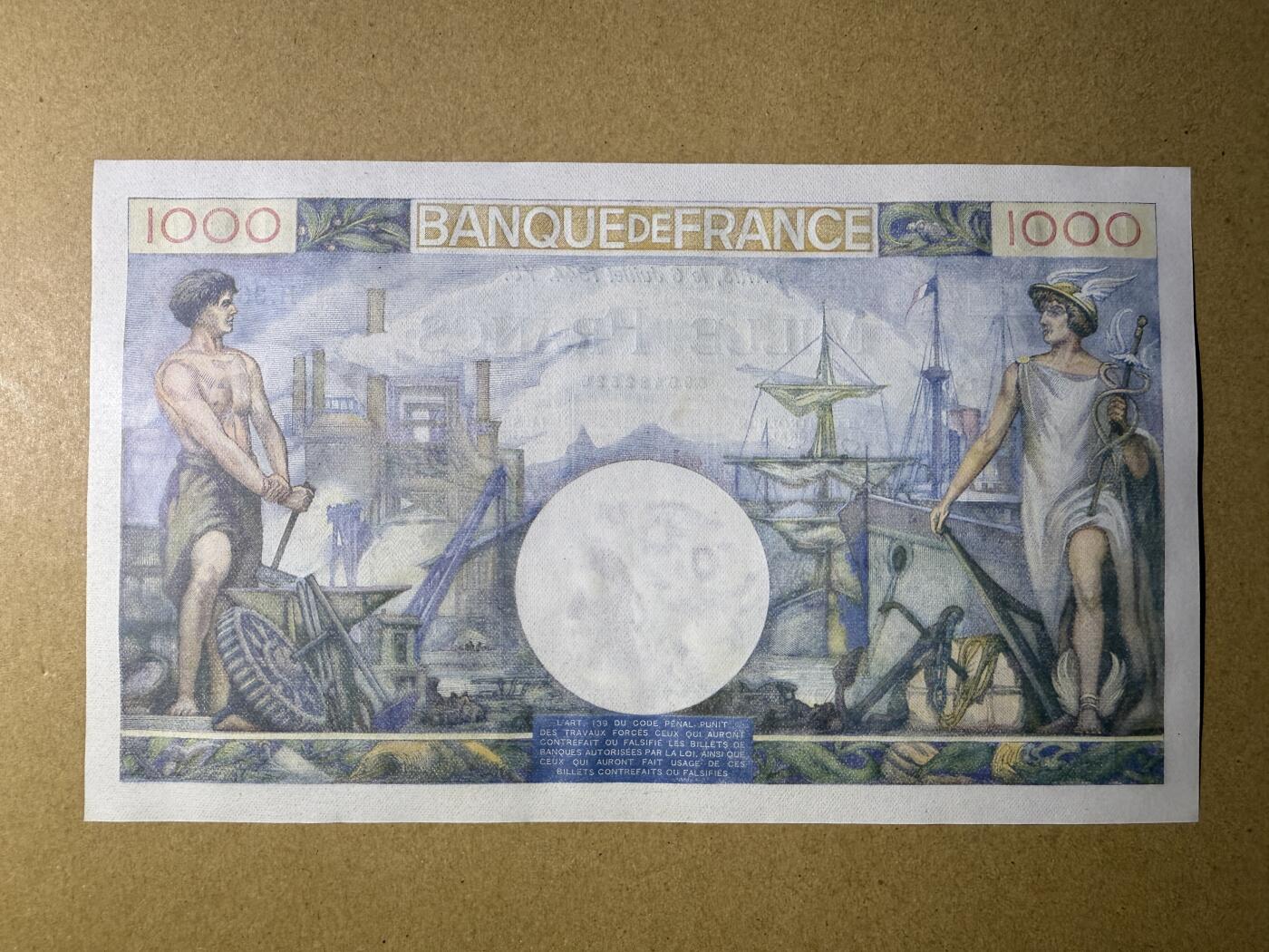 《艾美收藏》第214期-10.7周二国庆外币超白金场 法国1000法郎 UNC 1944年老版本大票幅