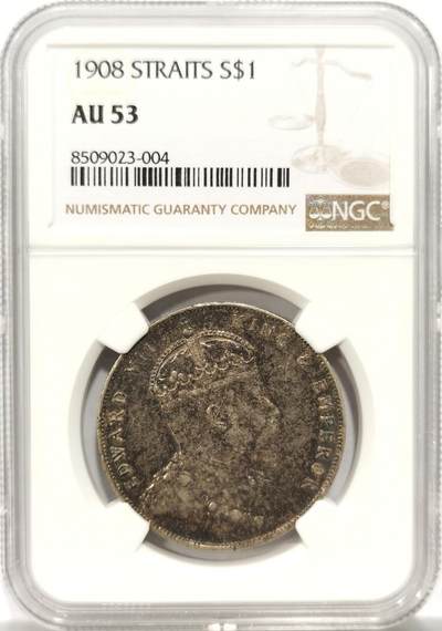 博洋堂世界钱币拍卖第142期（全场包邮） - NGC AU53 海峡殖民地1908年爱德华七世壹圆银币，极美酱色包浆