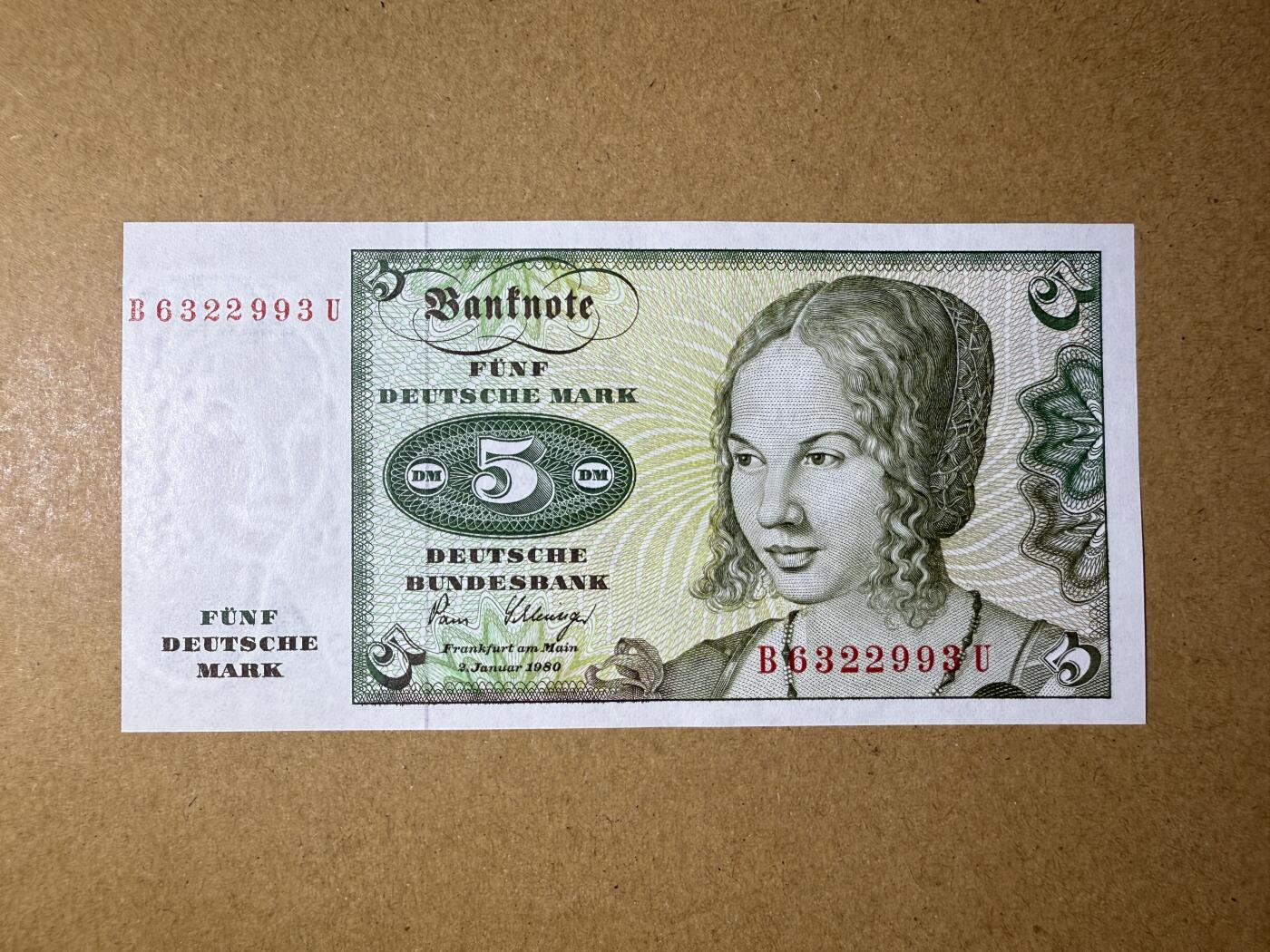 《艾美收藏》第214期-10.7周二国庆外币超白金场 德国5马克 UNC 1980年 无47